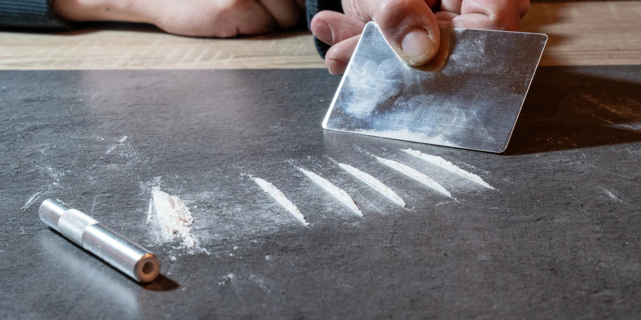 Lines of cocaine are spread across a dark table while a person uses a card to prepare the drug, illustrating the harmful reality of cocaine addiction.