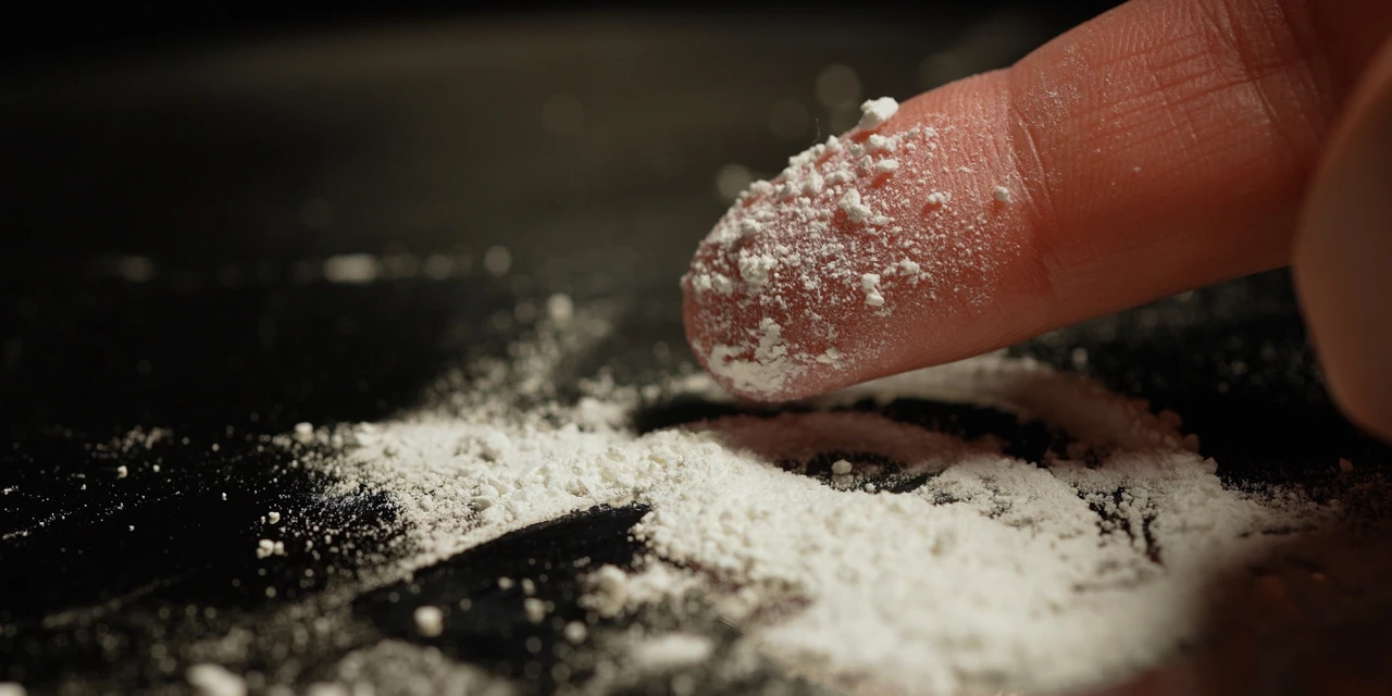 A close-up shot of a finger touching a white powdery substance on a dark surface. 