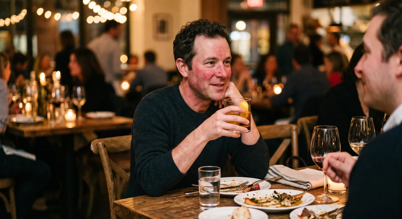 Man drinking a drink during dinner in a cozy restaurant.