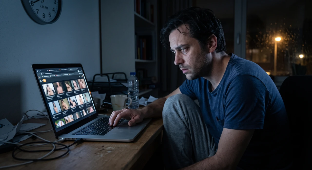 Man viewing pornographic content on a laptop, illustrating pornography addiction.
