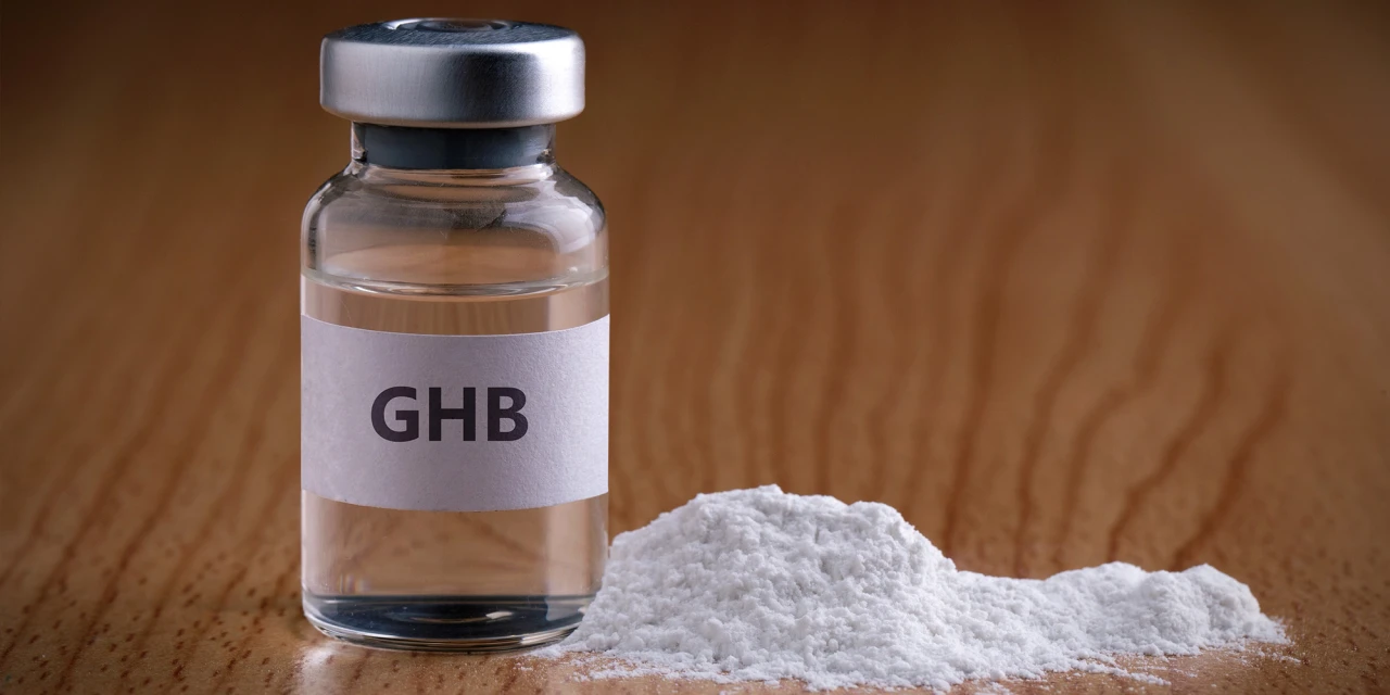 A vial labelled GHB stands beside white powder on a wooden surface, reflecting the harmful effects and risks connected to GHB addiction.