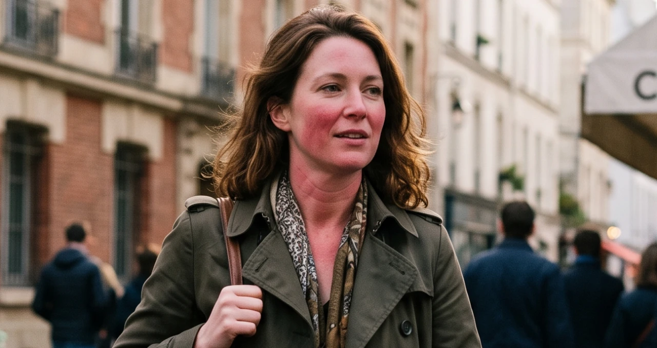 Woman with flushed red skin walking past cafés on a rainy city street, red after drinking alcohol.