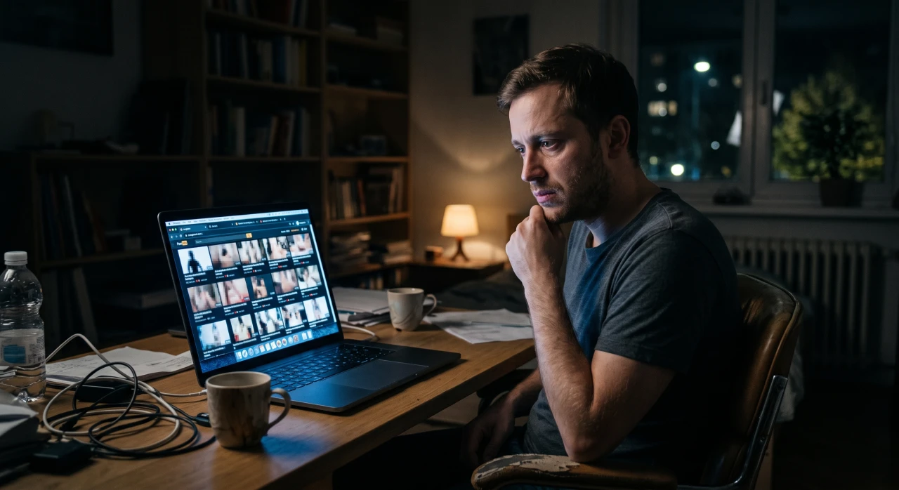 Man looking at pornography on a laptop, showing possible symptoms of porn addiction.
