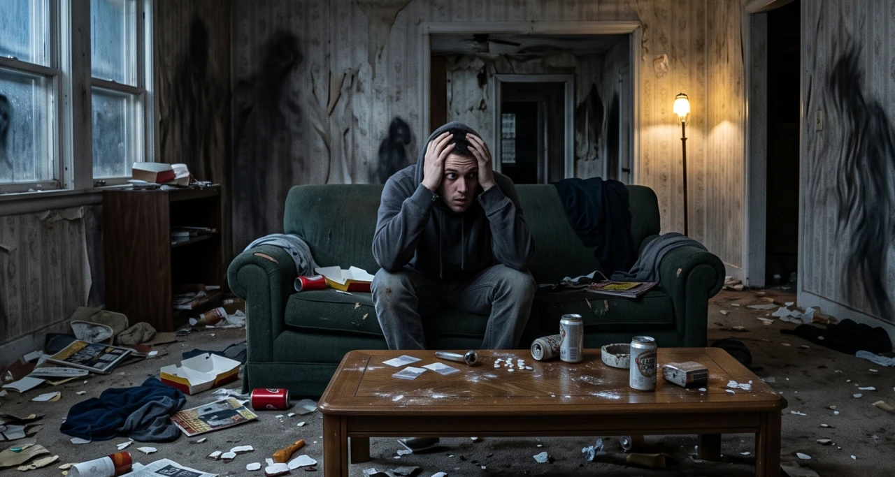A distressed man experiencing drug-induced psychosis in a dark, disordered room.