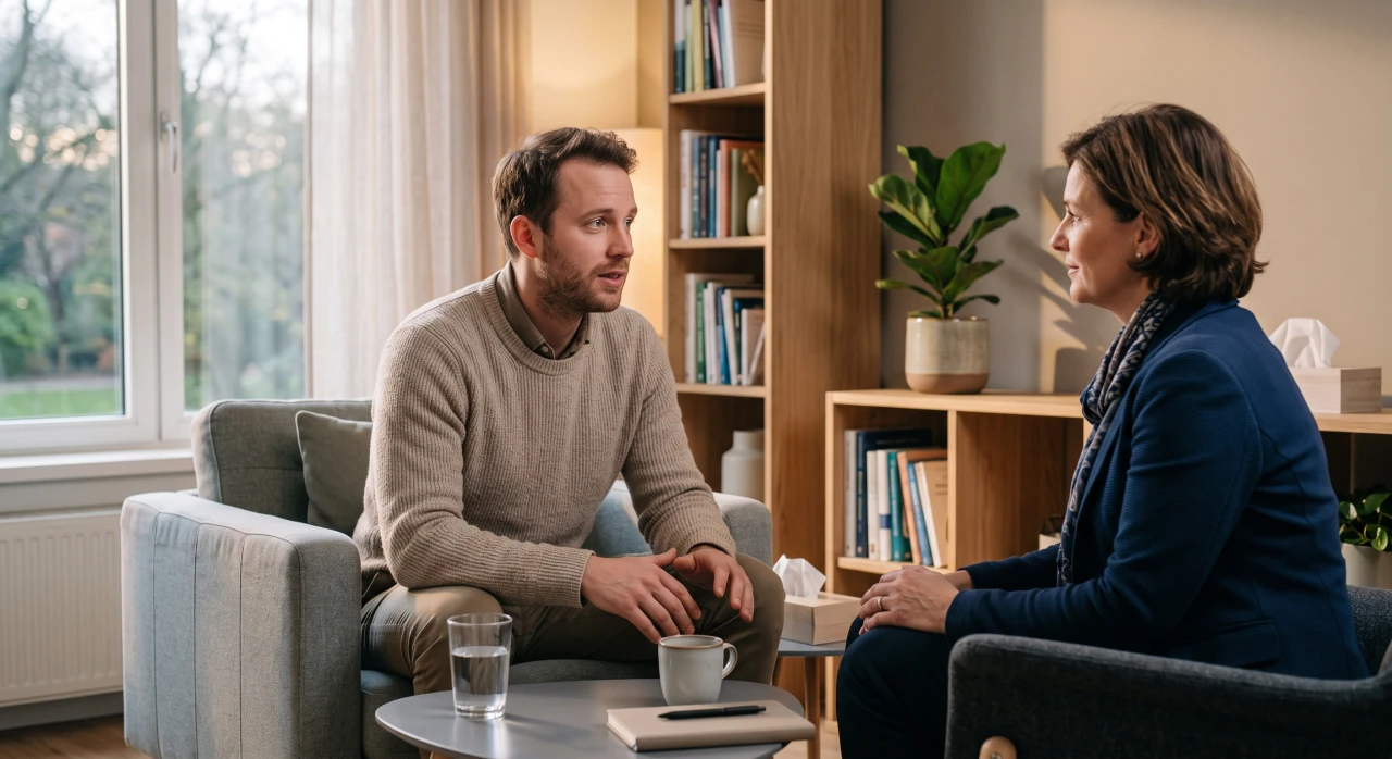 Man discussing porn addiction symptoms with a therapist.
