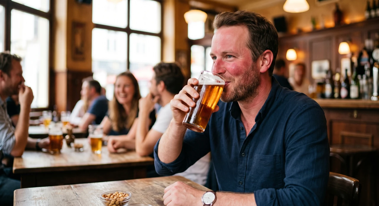 Man drinking beer in a cozy pub with friends in the background.