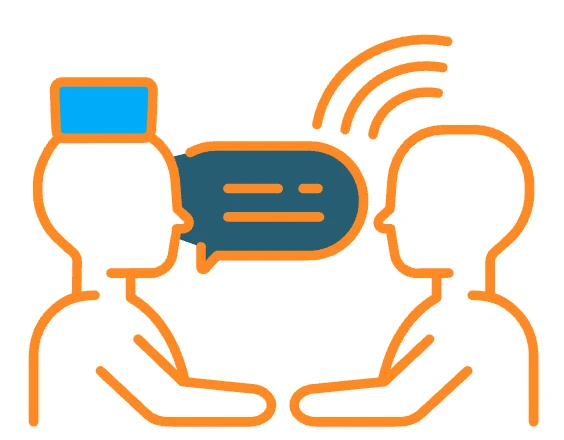 Line drawing of two people in conversation with speech balloons in orange and blue tones.