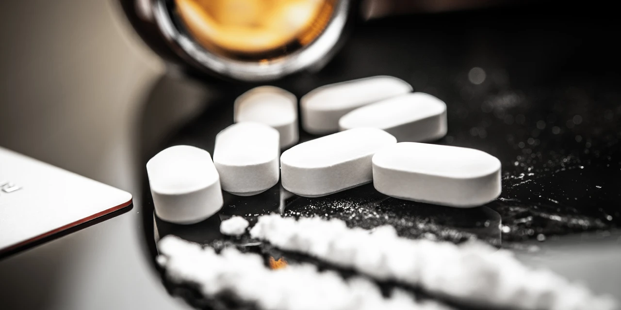 A close-up image of pills and white powder on a dark surface, illustrating substances commonly linked to fentanyl addiction and opioid misuse.